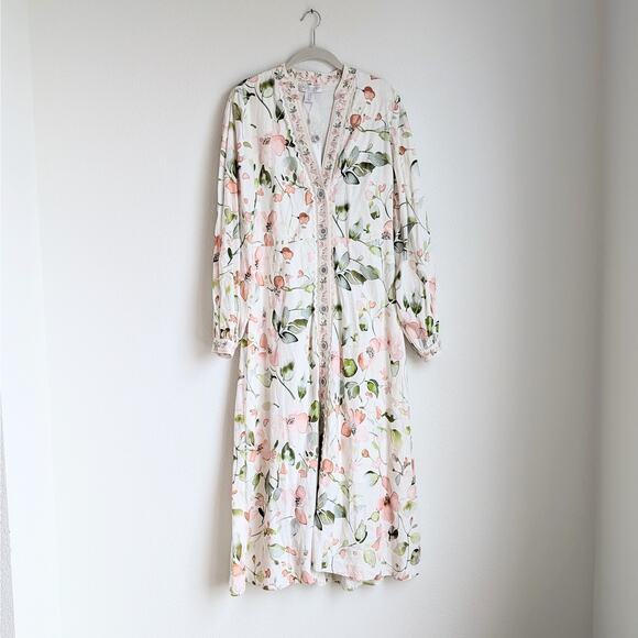 NWT Caroline Constas White Floral Print Long Sleeve Midi Maxi Linen Dress, sz M - Picture 1 of 8